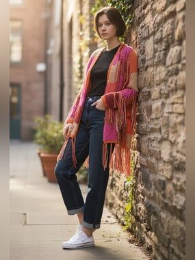 One of a kind hand knit fringes open cardigan S